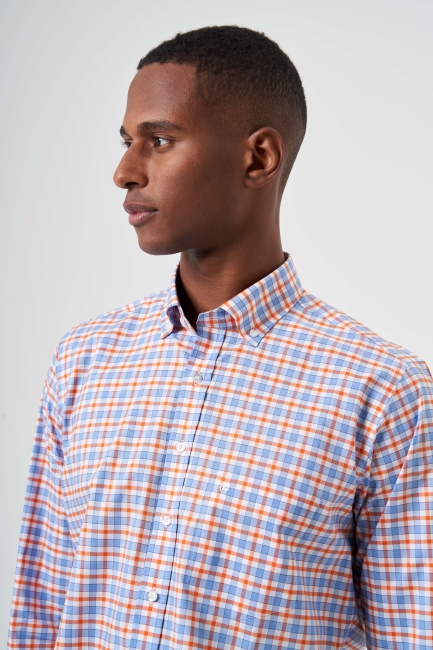 Regular Fit Turuncu Yazlık Ekose Paşa Yaka Spor Erkek Gömlek - 5