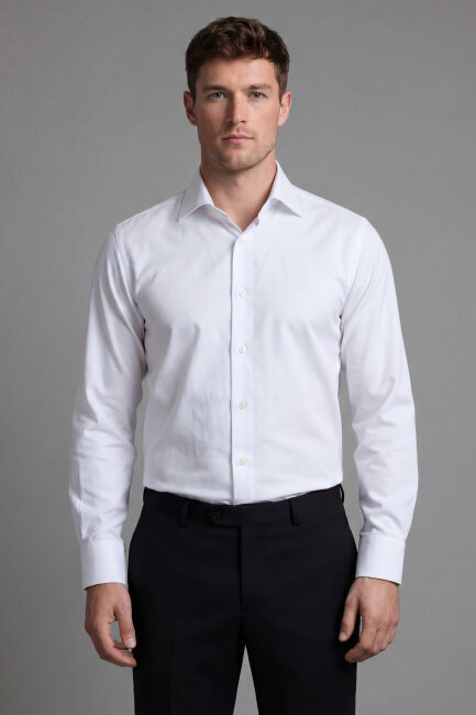 Regular Fit Uzun Kol Cepsiz Pamuk Beyaz Erkek Gömlek - 1