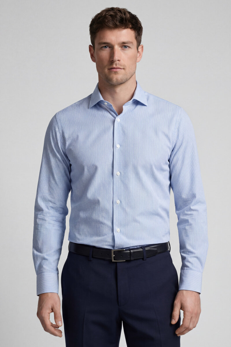 Regular Fit Uzun Kol Cepsiz Pamuk Mavi Erkek Gömlek - 1