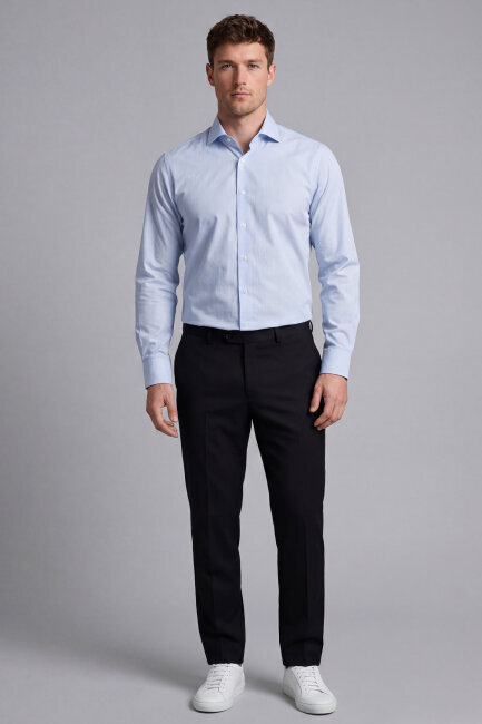 Regular Fit Uzun Kol Cepsiz Pamuk Mavi Erkek Gömlek - 4