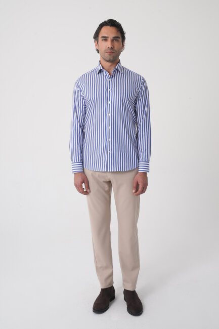 Regular Fit Uzun Kol İtalyan Yaka Pamuk Lacivert Gömlek - 2