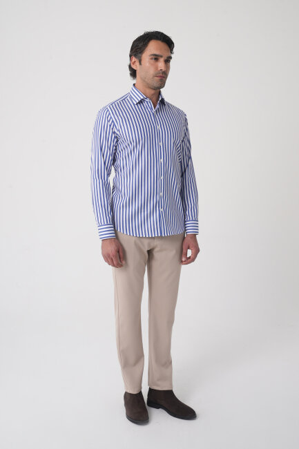 Regular Fit Uzun Kol İtalyan Yaka Pamuk Lacivert Gömlek - 3