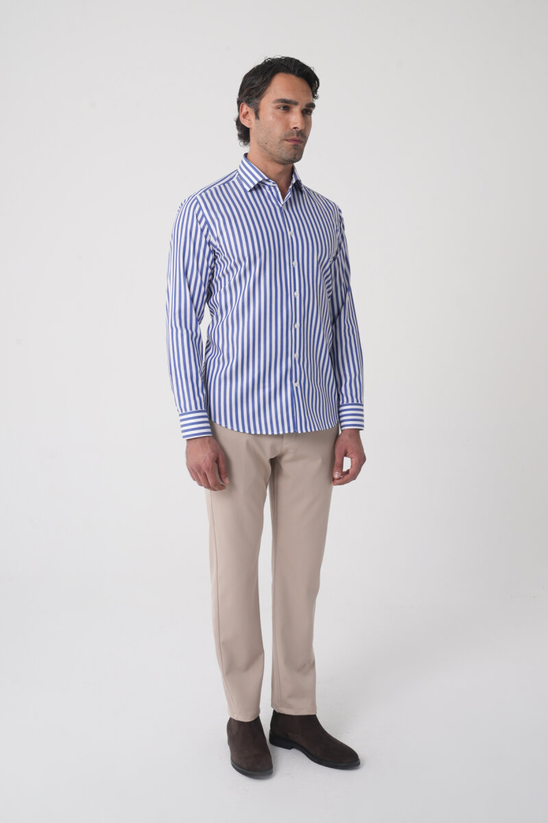 Regular Fit Uzun Kol İtalyan Yaka Pamuk Lacivert Gömlek - 3