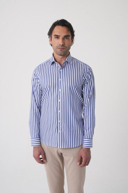 Regular Fit Uzun Kol İtalyan Yaka Pamuk Lacivert Gömlek - 1