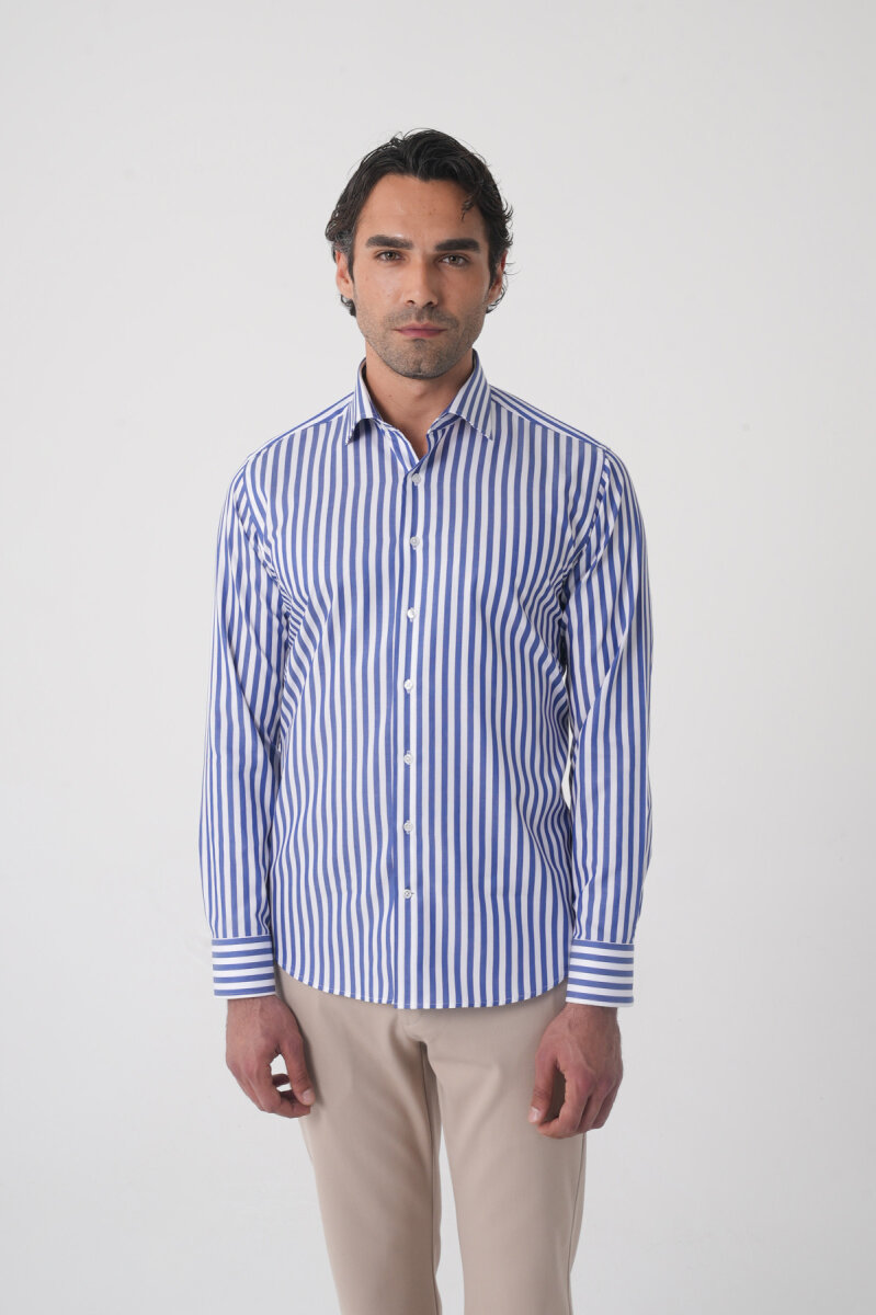 Regular Fit Uzun Kol İtalyan Yaka Pamuk Lacivert Gömlek - 1