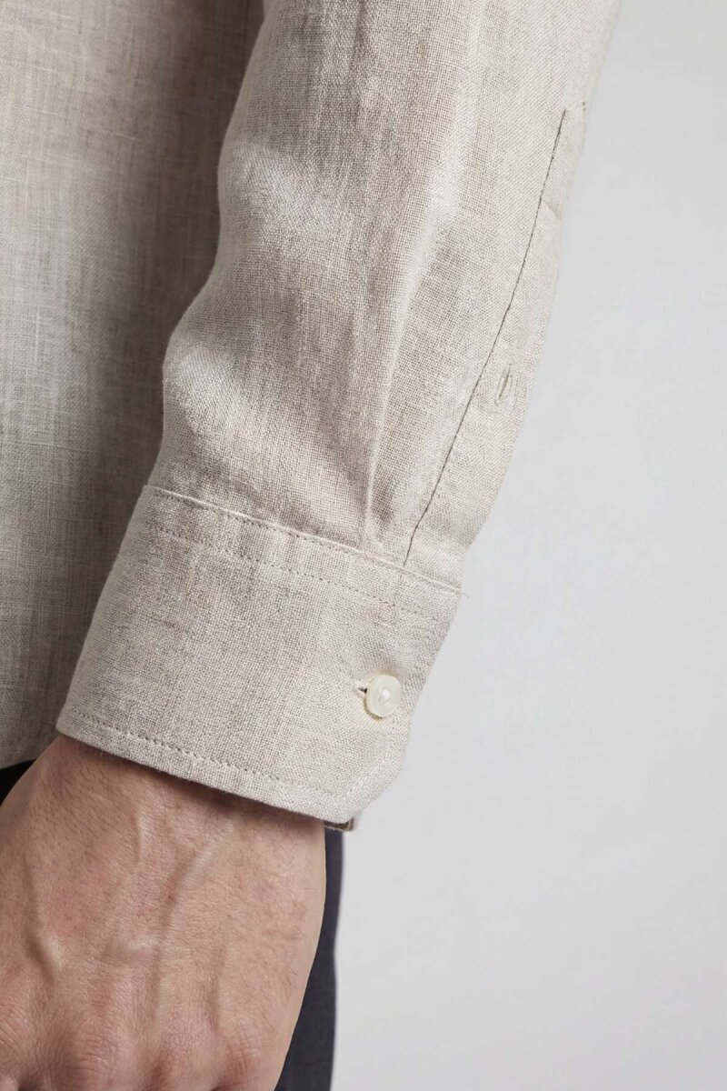 Regular Fit Uzun Kol Keten Paşa Yaka Bej Erkek Gömlek - 5