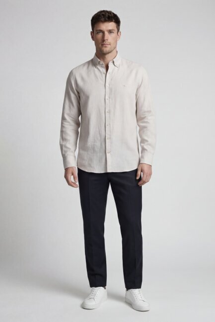 Regular Fit Uzun Kol Keten Paşa Yaka Bej Erkek Gömlek - 4