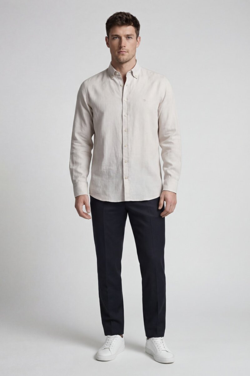 Regular Fit Uzun Kol Keten Paşa Yaka Bej Erkek Gömlek - 4