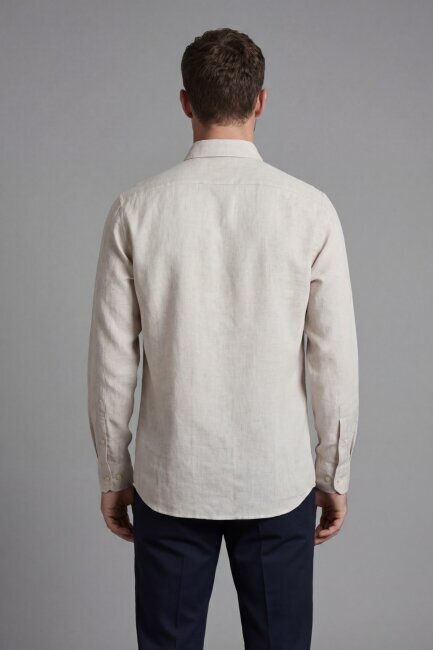 Regular Fit Uzun Kol Keten Paşa Yaka Bej Erkek Gömlek - 2