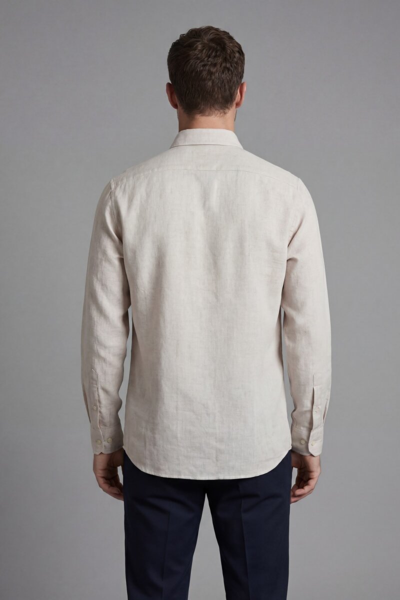 Regular Fit Uzun Kol Keten Paşa Yaka Bej Erkek Gömlek - 2