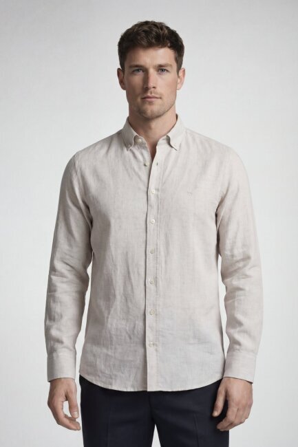 Regular Fit Uzun Kol Keten Paşa Yaka Bej Erkek Gömlek - 1