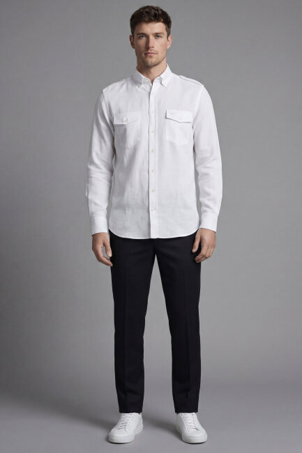 Regular Fit Uzun Kol Keten Paşa Yaka Beyaz Erkek Gömlek - 4