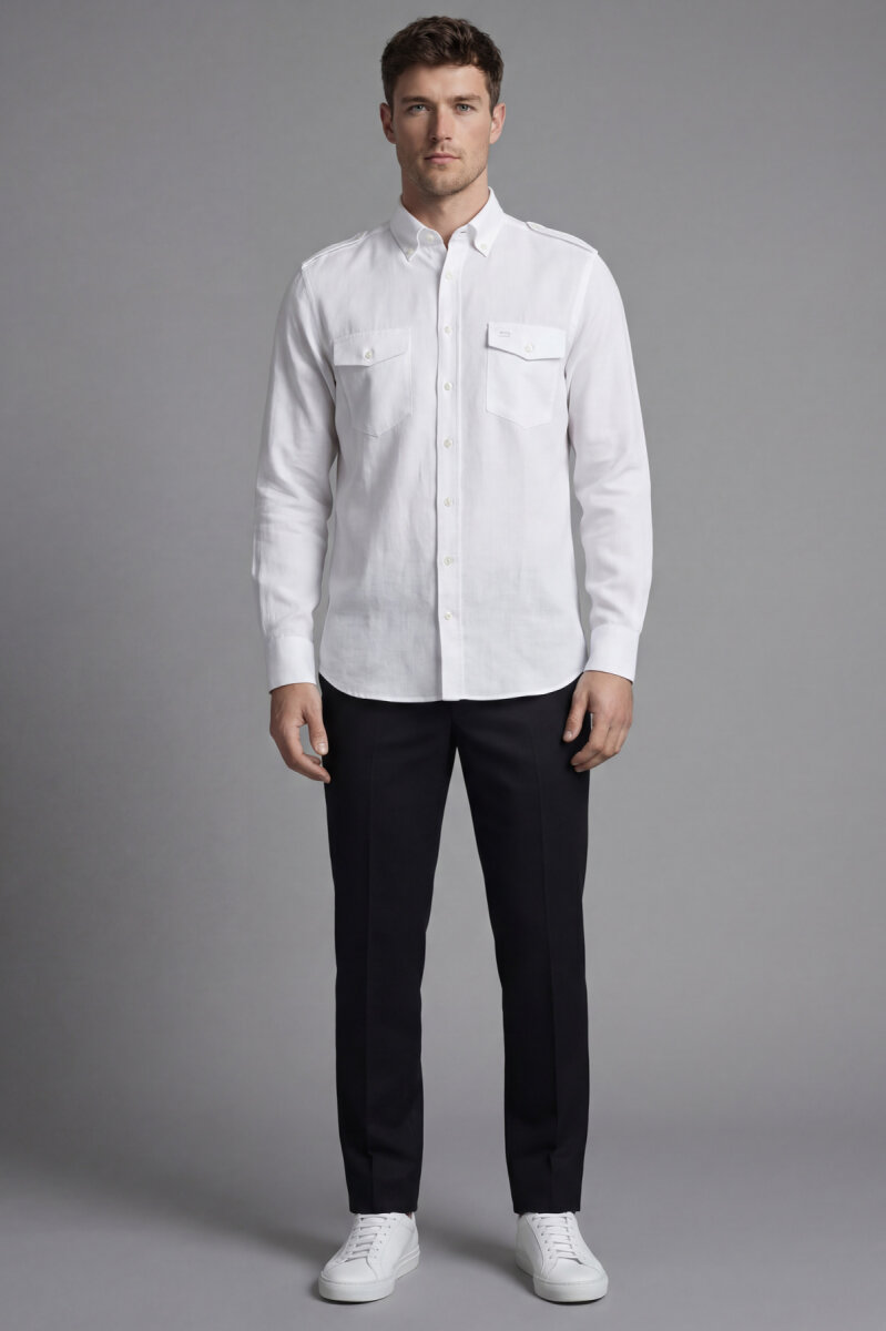 Regular Fit Uzun Kol Keten Paşa Yaka Beyaz Erkek Gömlek - 4