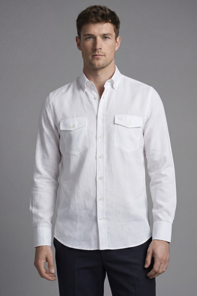 Regular Fit Uzun Kol Keten Paşa Yaka Beyaz Erkek Gömlek - 1