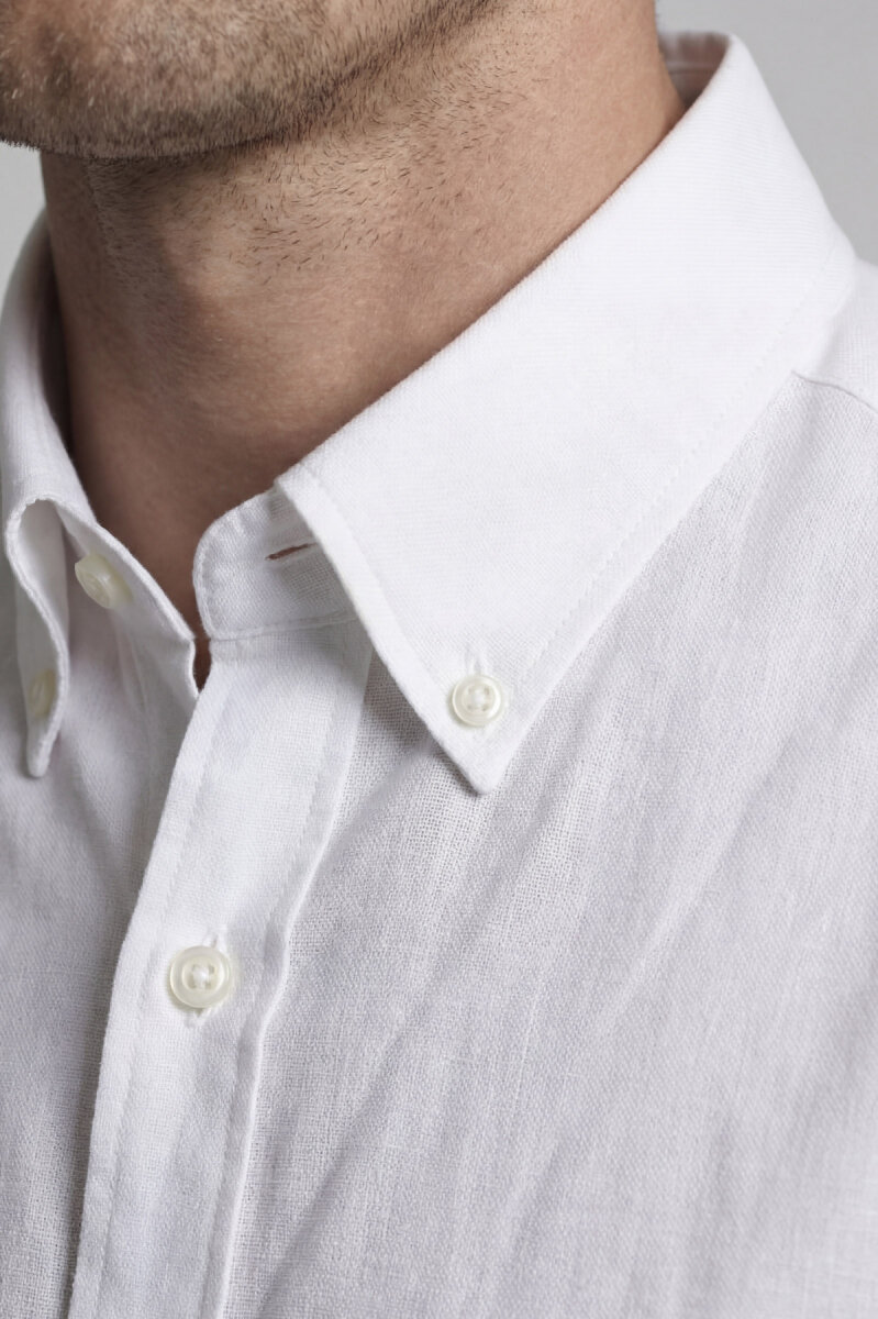 Regular Fit Uzun Kol Keten Paşa Yaka Beyaz Erkek Gömlek - 3