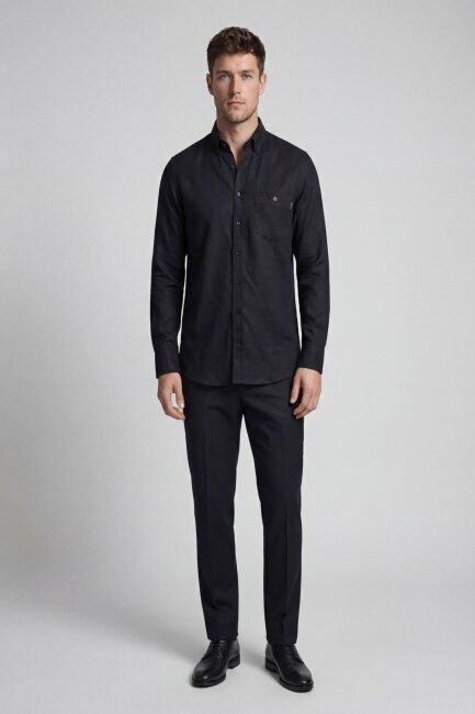 Regular Fit Uzun Kol Keten Paşa Yaka Cepli Siyah Erkek Gömlek - 1