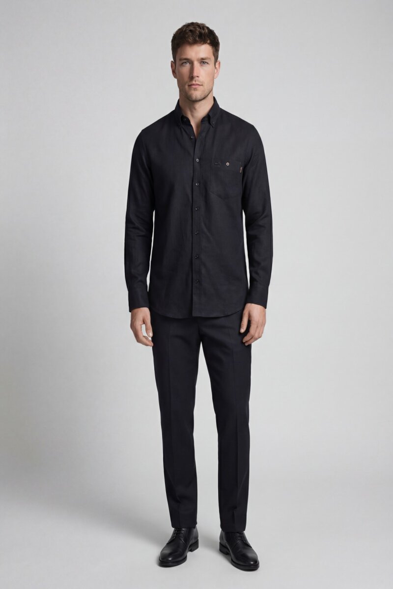 Regular Fit Uzun Kol Keten Paşa Yaka Cepli Siyah Erkek Gömlek - 1
