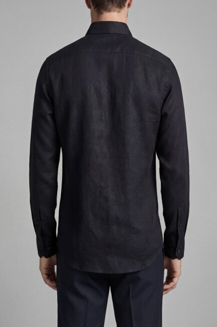 Regular Fit Uzun Kol Keten Paşa Yaka Cepli Siyah Erkek Gömlek - 2