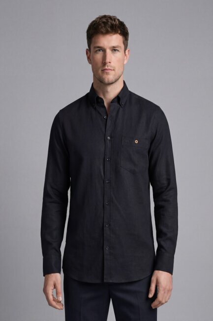 Regular Fit Uzun Kol Keten Paşa Yaka Cepli Siyah Erkek Gömlek - 4