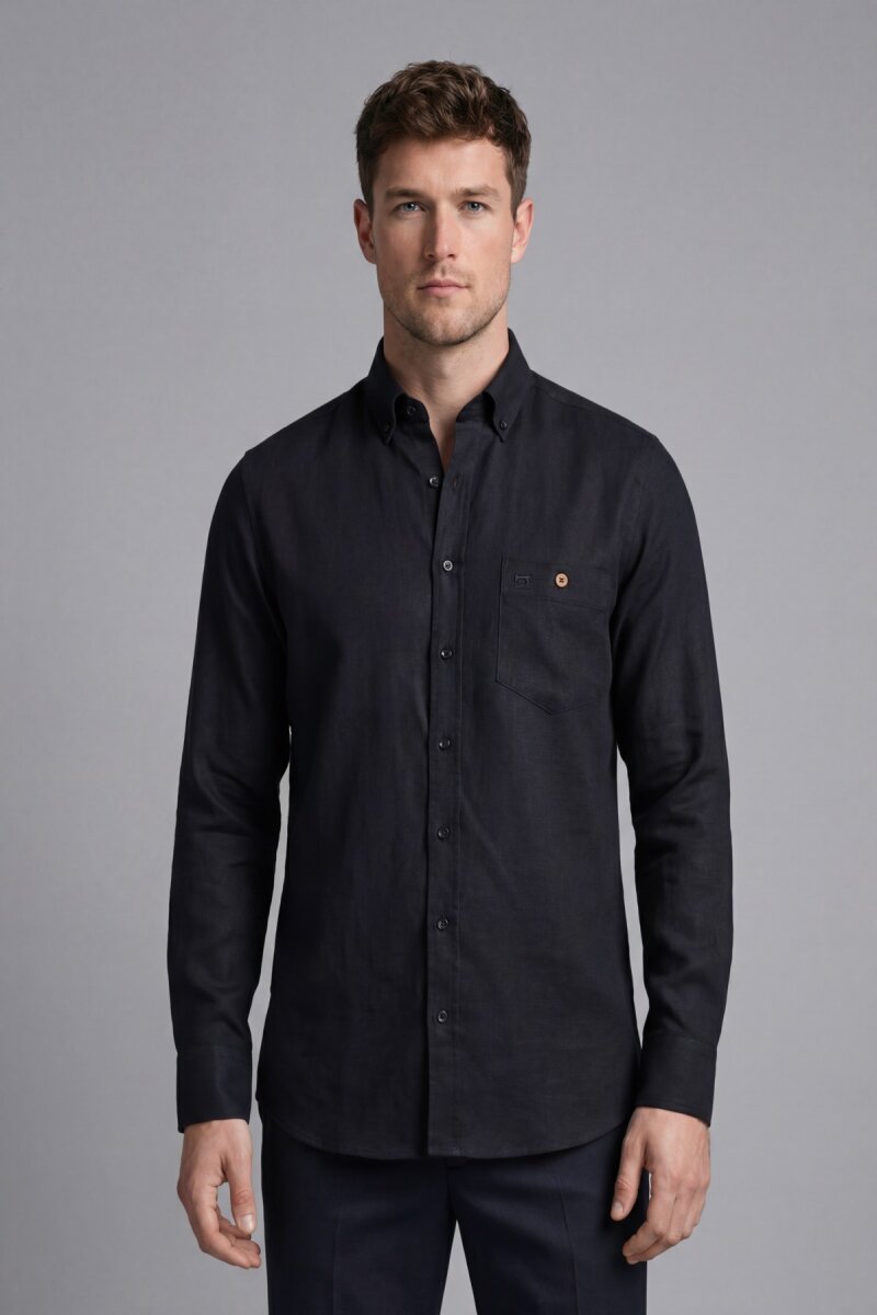 Regular Fit Uzun Kol Keten Paşa Yaka Cepli Siyah Erkek Gömlek - 4
