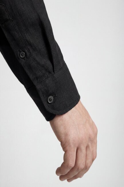 Regular Fit Uzun Kol Keten Paşa Yaka Cepli Siyah Erkek Gömlek - 5