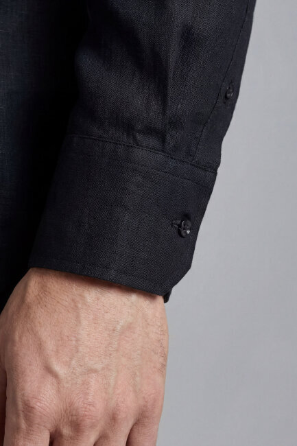 Regular Fit Uzun Kol Keten Paşa Yaka Cepli Siyah Erkek Gömlek (4)