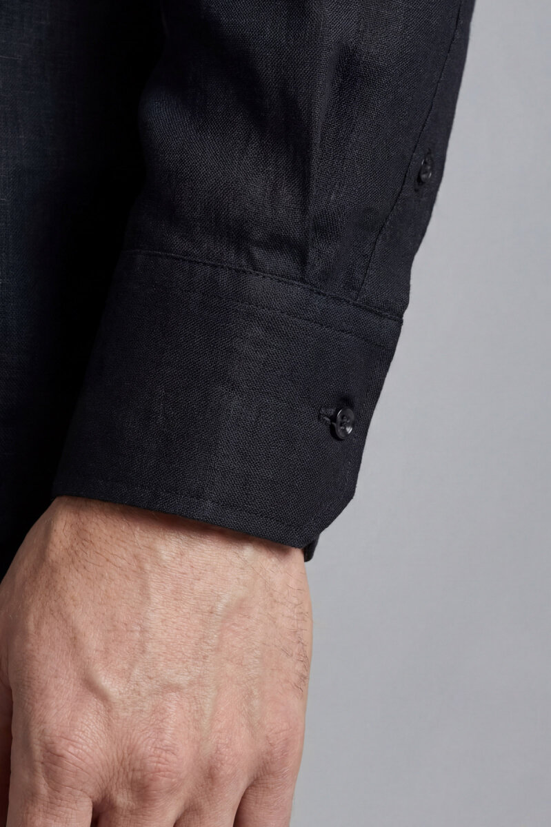 Regular Fit Uzun Kol Keten Paşa Yaka Cepli Siyah Erkek Gömlek - 5