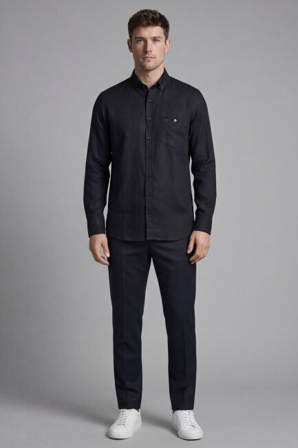 Regular Fit Uzun Kol Keten Paşa Yaka Cepli Siyah Erkek Gömlek (3)