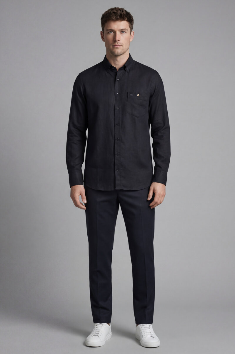 Regular Fit Uzun Kol Keten Paşa Yaka Cepli Siyah Erkek Gömlek - 4