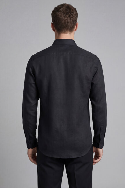 Regular Fit Uzun Kol Keten Paşa Yaka Cepli Siyah Erkek Gömlek (1)