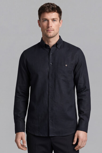 Regular Fit Uzun Kol Keten Paşa Yaka Cepli Siyah Erkek Gömlek