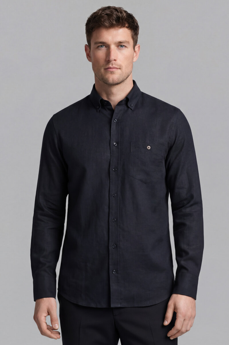 Regular Fit Uzun Kol Keten Paşa Yaka Cepli Siyah Erkek Gömlek