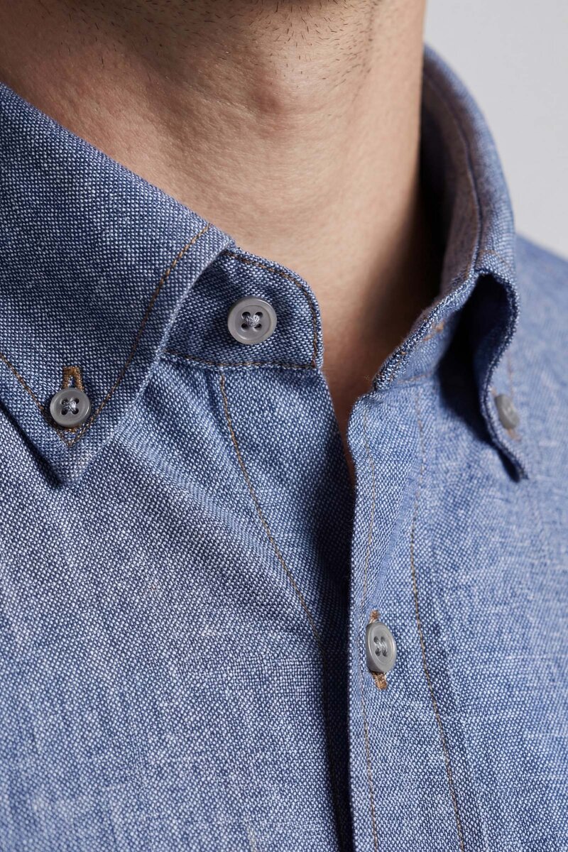 Regular Fit Uzun Kol Keten Paşa Yaka Cepsiz Lacivert Erkek Gömlek - 3