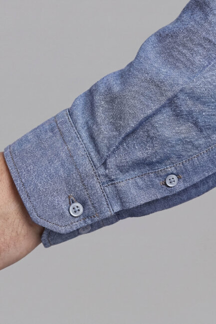 Regular Fit Uzun Kol Keten Paşa Yaka Cepsiz Lacivert Erkek Gömlek - 4
