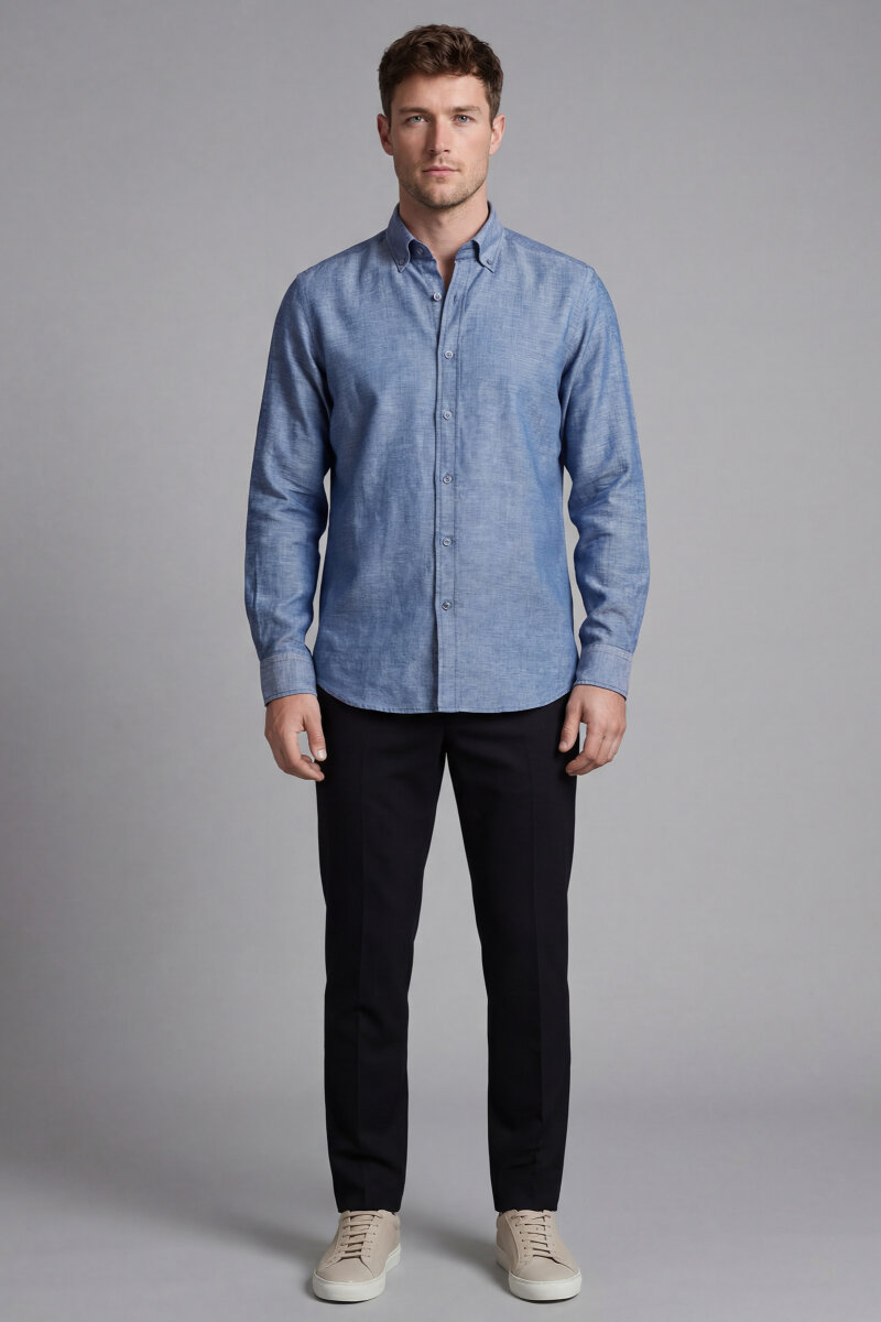 Regular Fit Uzun Kol Keten Paşa Yaka Cepsiz Lacivert Erkek Gömlek - 5