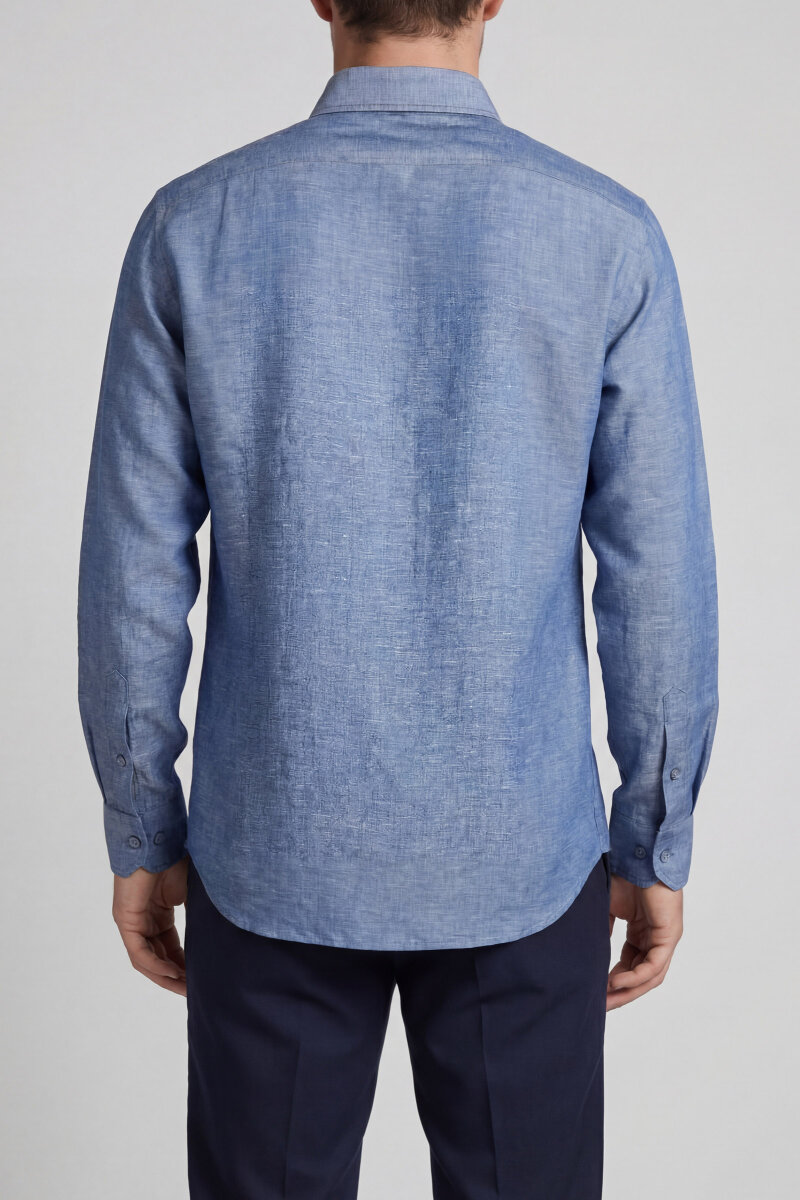 Regular Fit Uzun Kol Keten Paşa Yaka Cepsiz Lacivert Erkek Gömlek (1)