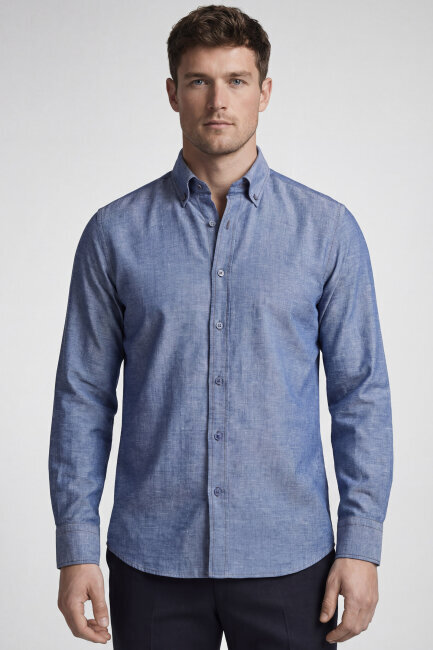 Regular Fit Uzun Kol Keten Paşa Yaka Cepsiz Lacivert Erkek Gömlek - 1