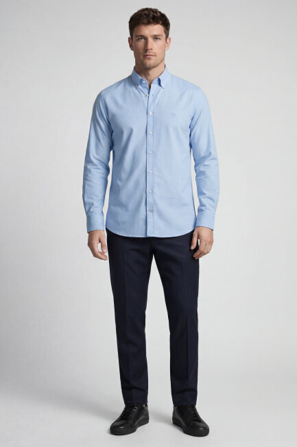 Regular Fit Uzun Kol Keten Paşa Yaka Cepsiz Mavi Erkek Gömlek
