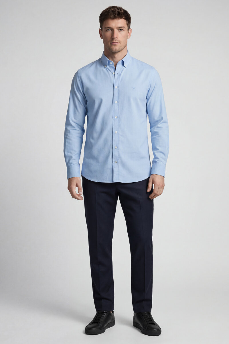 Regular Fit Uzun Kol Keten Paşa Yaka Cepsiz Mavi Erkek Gömlek - 1