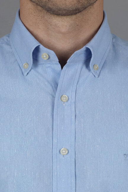 Regular Fit Uzun Kol Keten Paşa Yaka Cepsiz Mavi Erkek Gömlek - 4