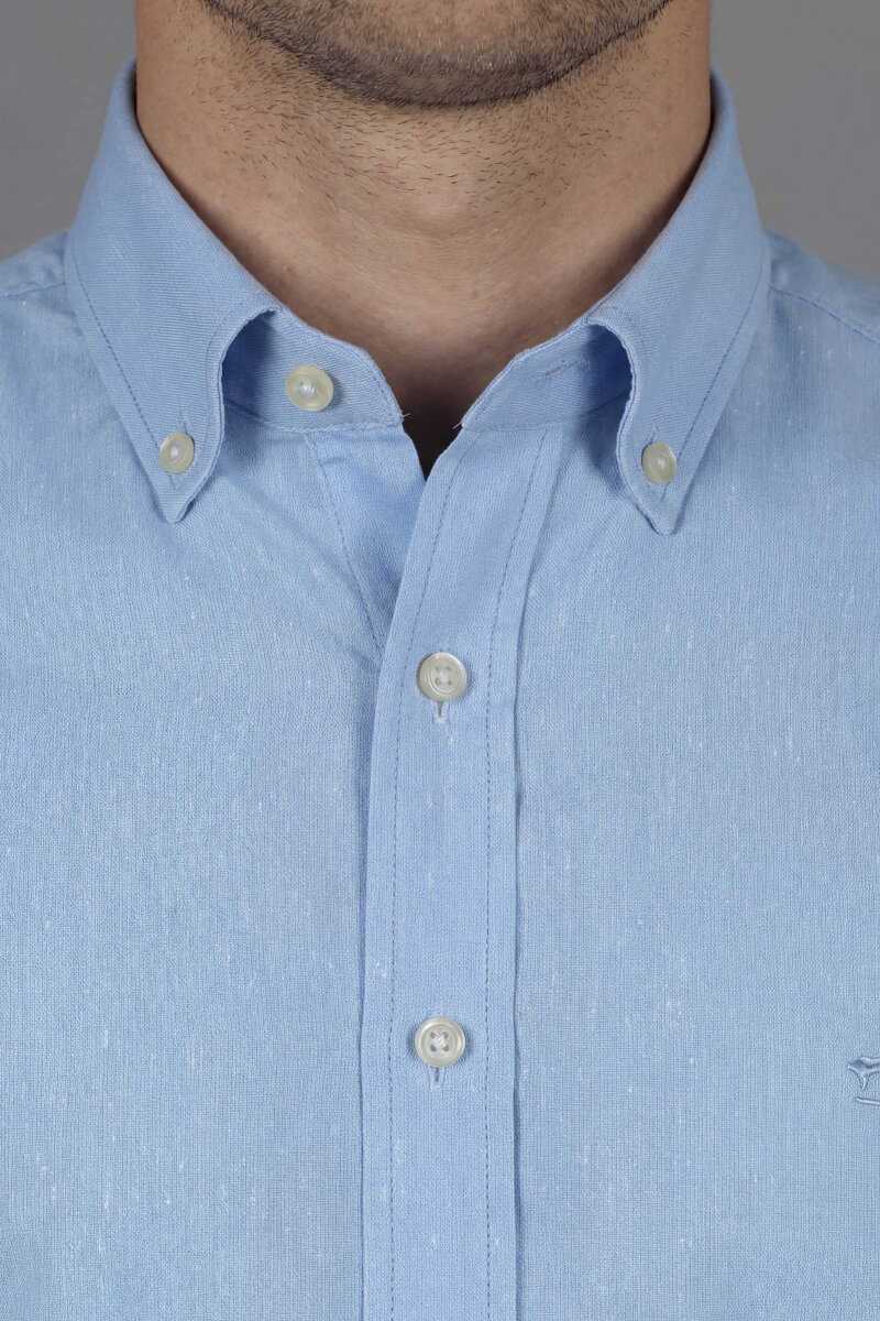 Regular Fit Uzun Kol Keten Paşa Yaka Cepsiz Mavi Erkek Gömlek - 4