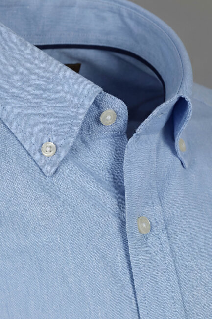 Regular Fit Uzun Kol Keten Paşa Yaka Cepsiz Turkuaz Erkek Gömlek - 3