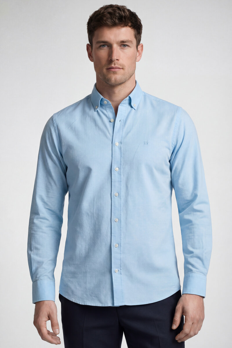 Regular Fit Uzun Kol Keten Paşa Yaka Cepsiz Turkuaz Erkek Gömlek - 1