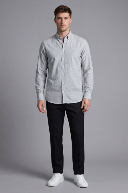 Regular Fit Uzun Kol Keten Paşa Yaka Gri Erkek Gömlek 