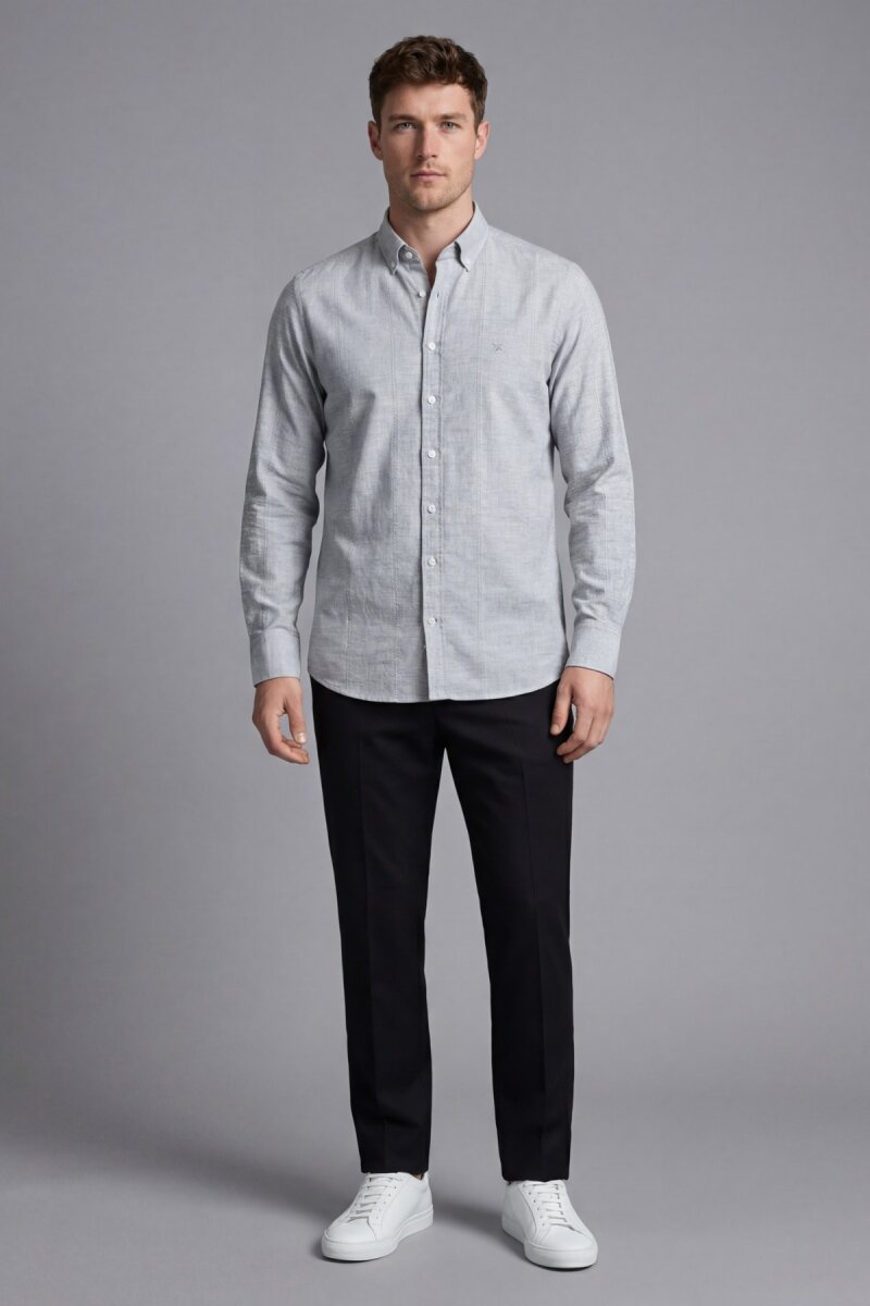 Regular Fit Uzun Kol Keten Paşa Yaka Gri Erkek Gömlek - 1