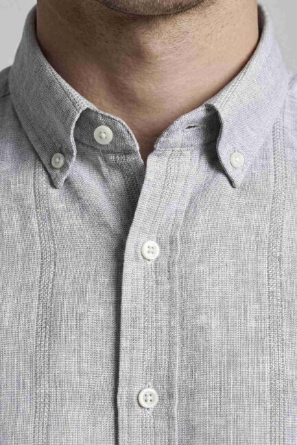 Regular Fit Uzun Kol Keten Paşa Yaka Gri Erkek Gömlek - 3