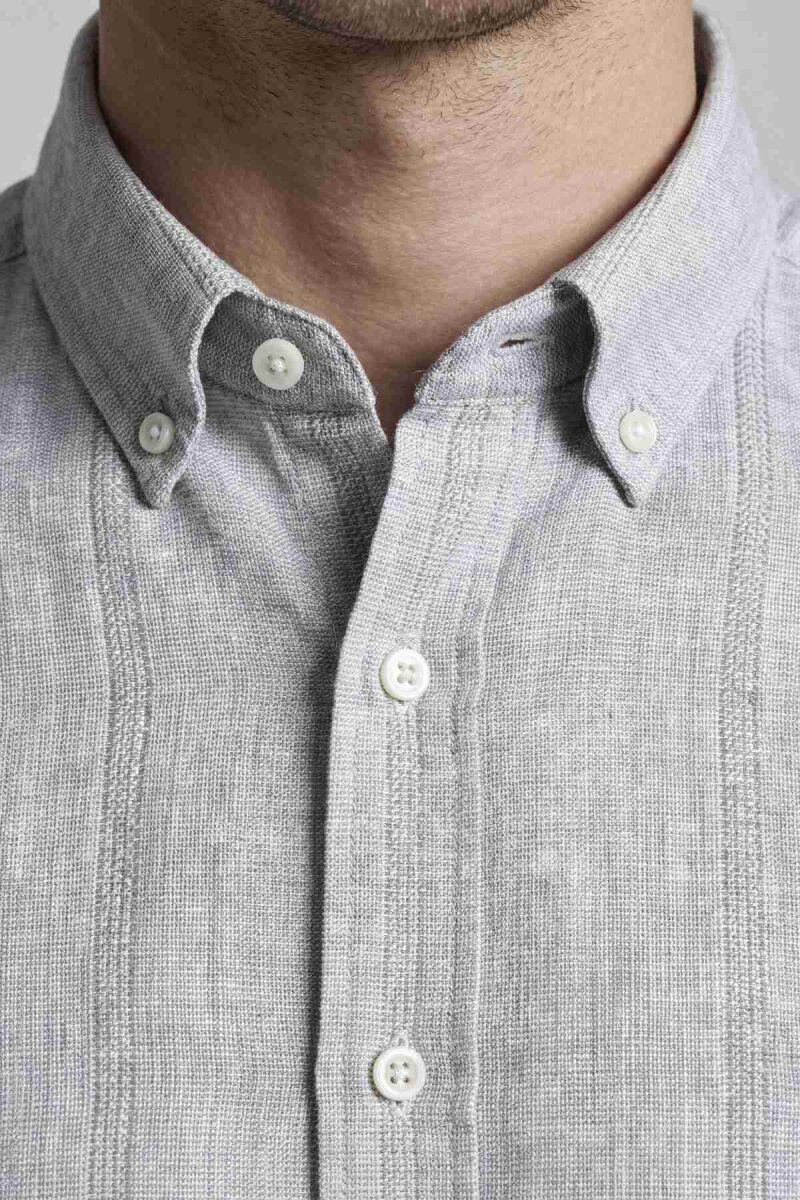 Regular Fit Uzun Kol Keten Paşa Yaka Gri Erkek Gömlek - 3