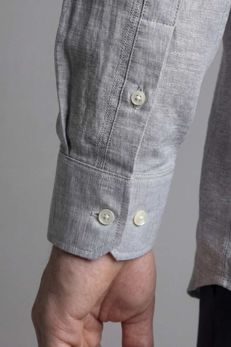 Regular Fit Uzun Kol Keten Paşa Yaka Gri Erkek Gömlek - 5