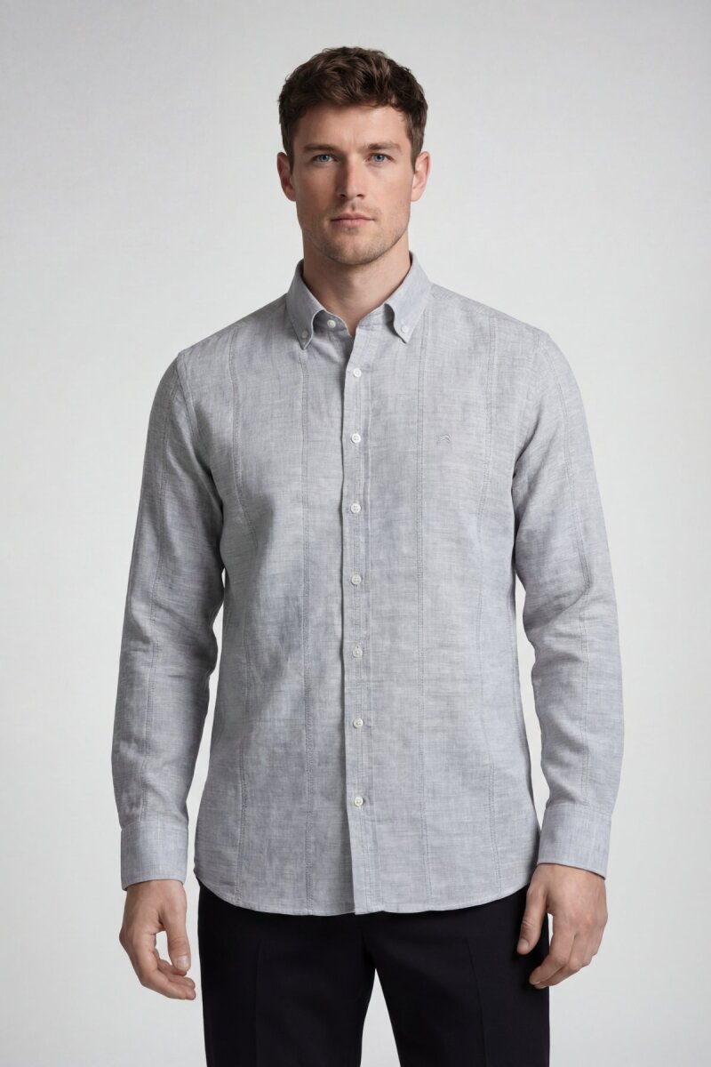Regular Fit Uzun Kol Keten Paşa Yaka Gri Erkek Gömlek - 4