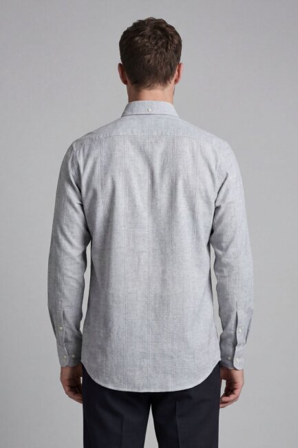 Regular Fit Uzun Kol Keten Paşa Yaka Gri Erkek Gömlek - 2